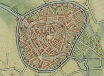 <p>Stadsplattegrond van Amersfoort, omstreeks 1560 door Jacob van Deventer gemaakt. De locatie van het onderzochte huis is met een wit kader aangegeven. </p>
